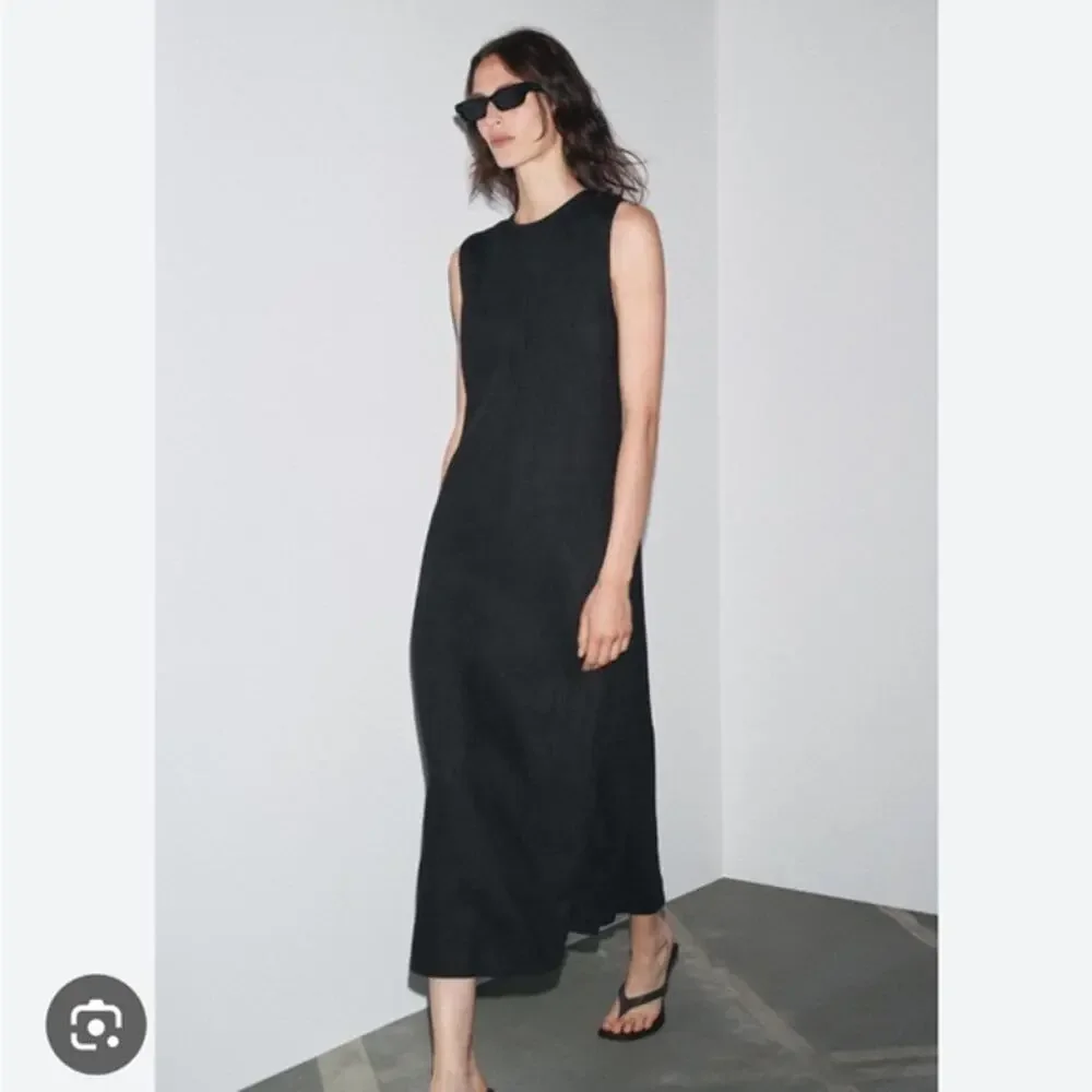 NWT Zara 100% Linen Midi Dress Size Small Black 2731/094 Lagenlook Preppy Chic - Picture 2 of 14